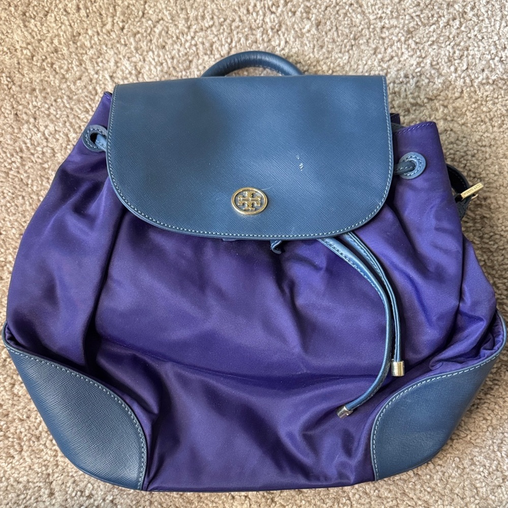 Tory Burch Purple and Navy Nylon Drawstring Backpack